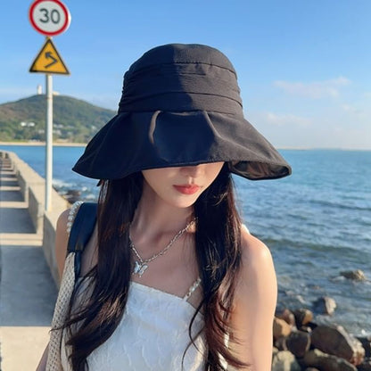 Wide Brim Bucket Ruched Bow Hat