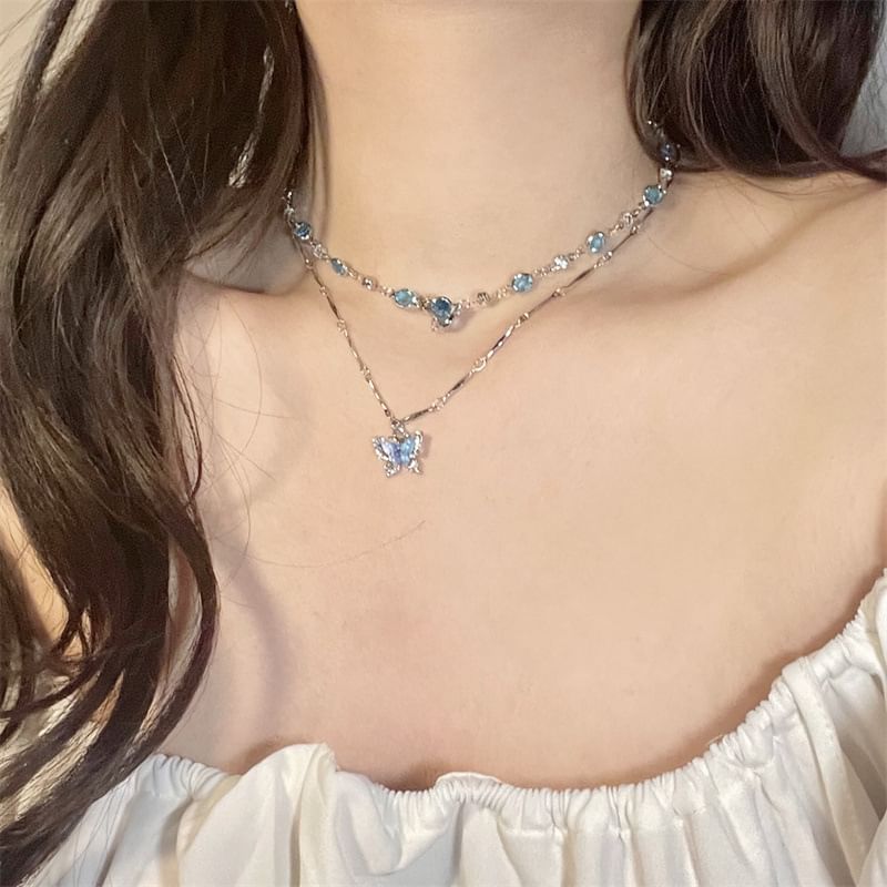 + Set: Alloy Pendant Choker Necklace Butterfly Crystal Faux