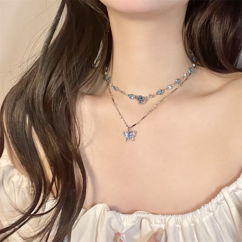 + Set: Alloy Pendant Choker Necklace Butterfly Crystal Faux