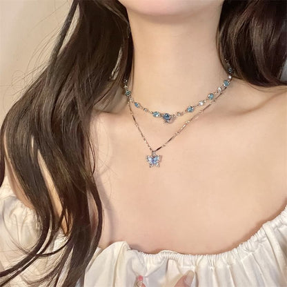 + Set: Alloy Pendant Choker Necklace Butterfly Crystal Faux