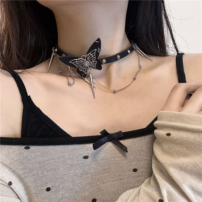 Butterfly Faux / Leather Choker Alloy Studded