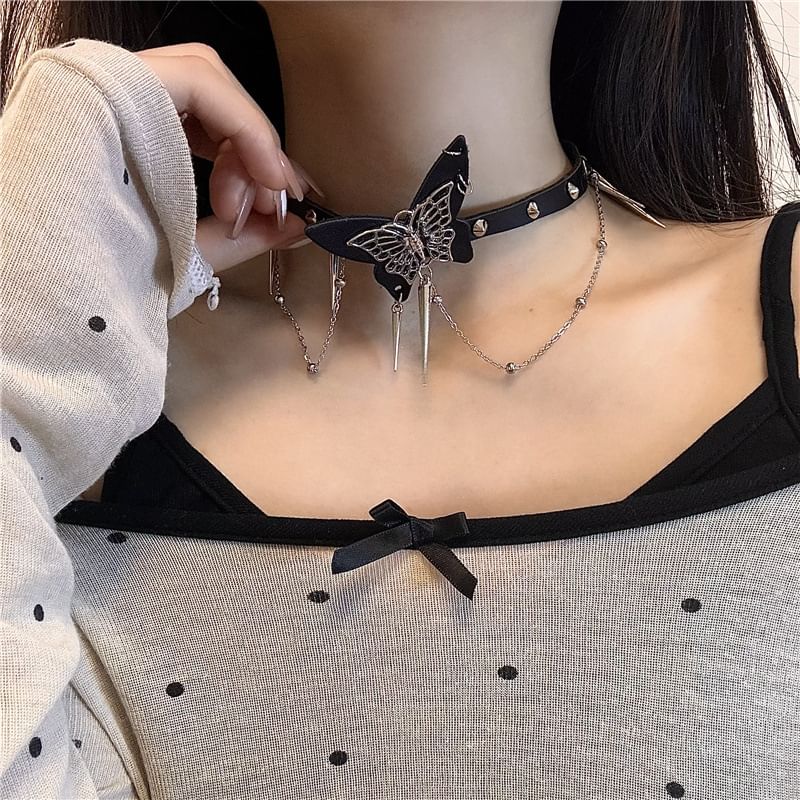 Butterfly Faux / Leather Choker Alloy Studded