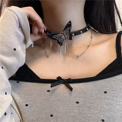 Butterfly Faux / Leather Choker Alloy Studded