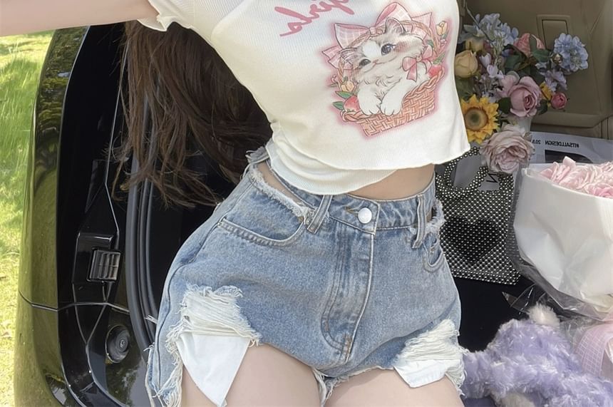 Lettering Neck Cartoon Print Short-Sleeve Square Tee