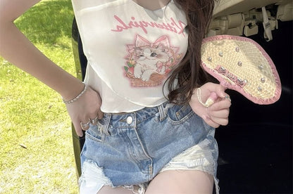 Lettering Neck Cartoon Print Short-Sleeve Square Tee