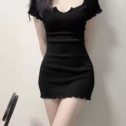 Plain Dress Mini Lettuce Edge Short-Sleeve Sheath Neck Notch