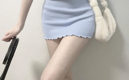Plain Dress Mini Lettuce Edge Short-Sleeve Sheath Neck Notch