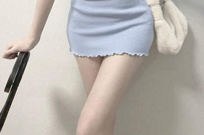 Plain Dress Mini Lettuce Edge Short-Sleeve Sheath Neck Notch
