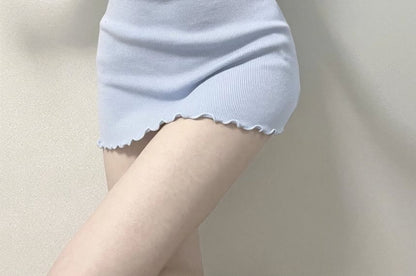 Plain Dress Mini Lettuce Edge Short-Sleeve Sheath Neck Notch