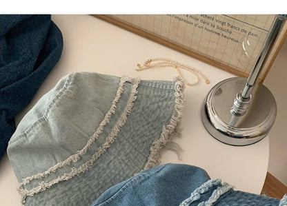 Denim Fringed Distressed Hat Bucket