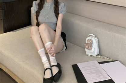 Short Sleeve Crew Neck Plain Bow Frill Top / High Waist Panel Velvet Shorts
