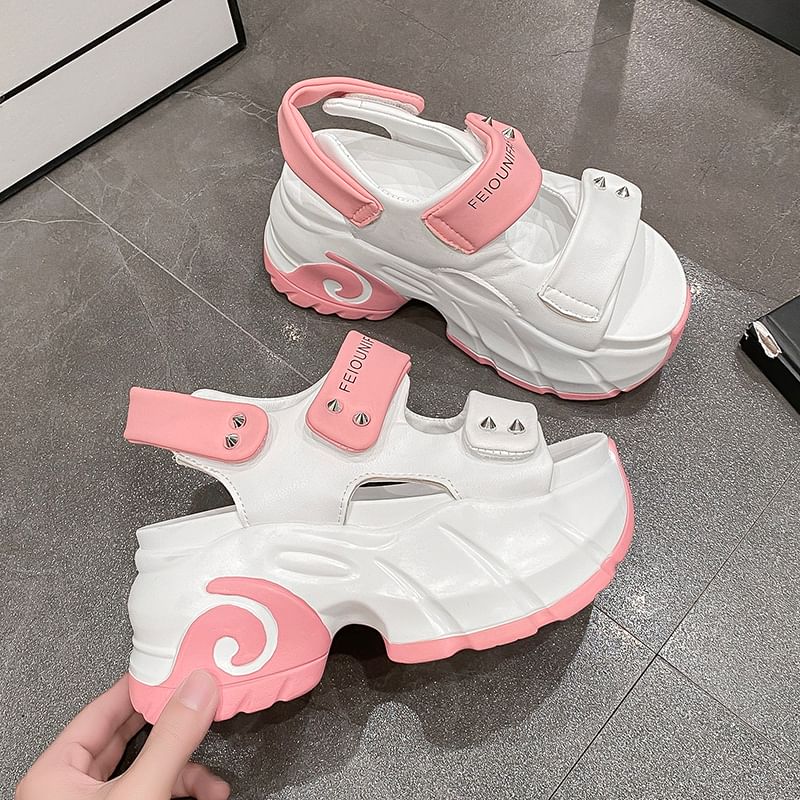 Two Studded Slingback Sandals Adhesive Tone Platform Strap