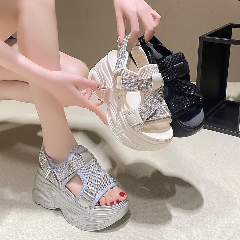 Slingback Rhinestone Adhesive Platform Mesh Sandals Strap