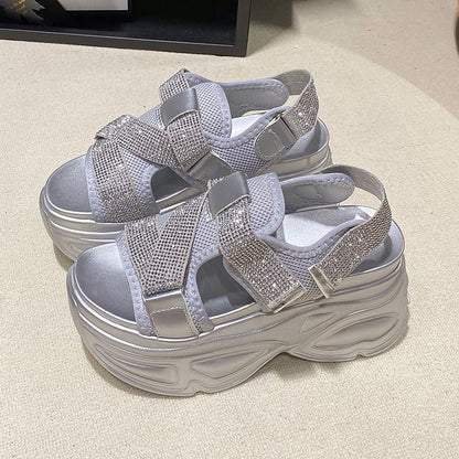 Slingback Rhinestone Adhesive Platform Mesh Sandals Strap