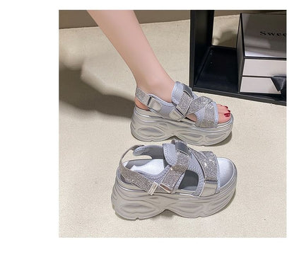 Slingback Rhinestone Adhesive Platform Mesh Sandals Strap