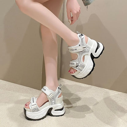 Strap Mesh Lettering Wedge Sandals Slingback Heel Print Adhesive