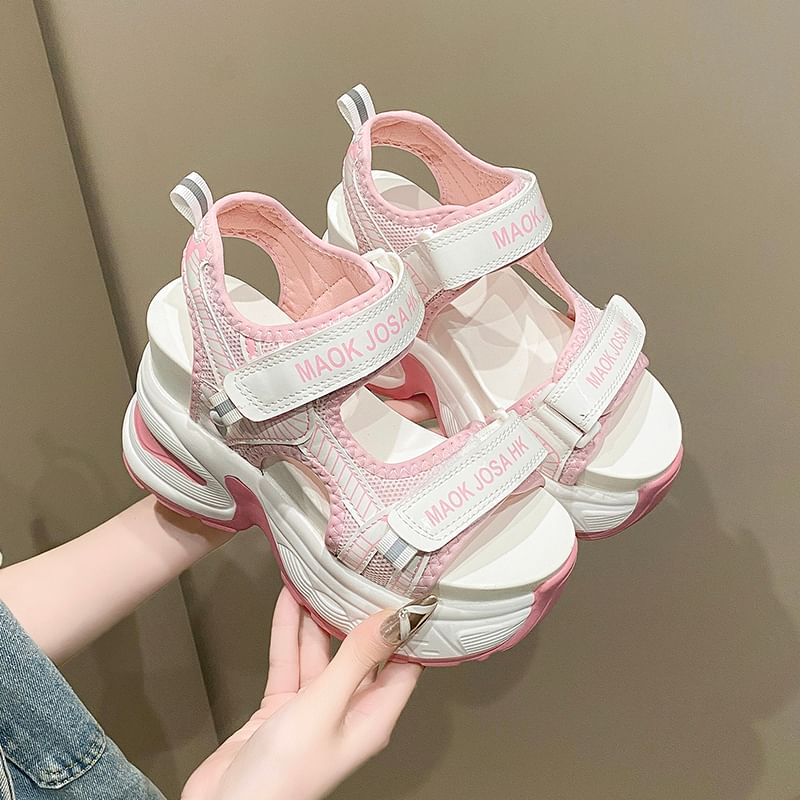 Strap Mesh Lettering Wedge Sandals Slingback Heel Print Adhesive
