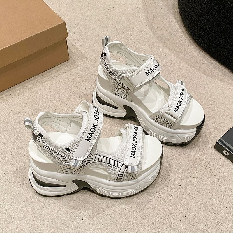 Strap Mesh Lettering Wedge Sandals Slingback Heel Print Adhesive