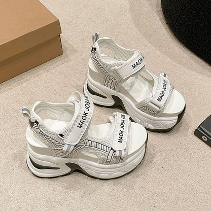Strap Mesh Lettering Wedge Sandals Slingback Heel Print Adhesive