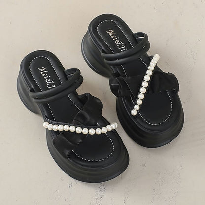Wholesale Sample Accent Pearl Faux Platform Ruched Strap Cross Sandals
