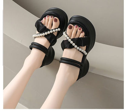 Wholesale Sample Accent Pearl Faux Platform Ruched Strap Cross Sandals