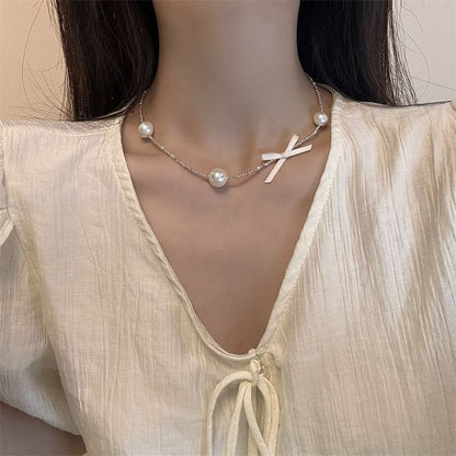Choker Pearl Ribbon Alloy Faux