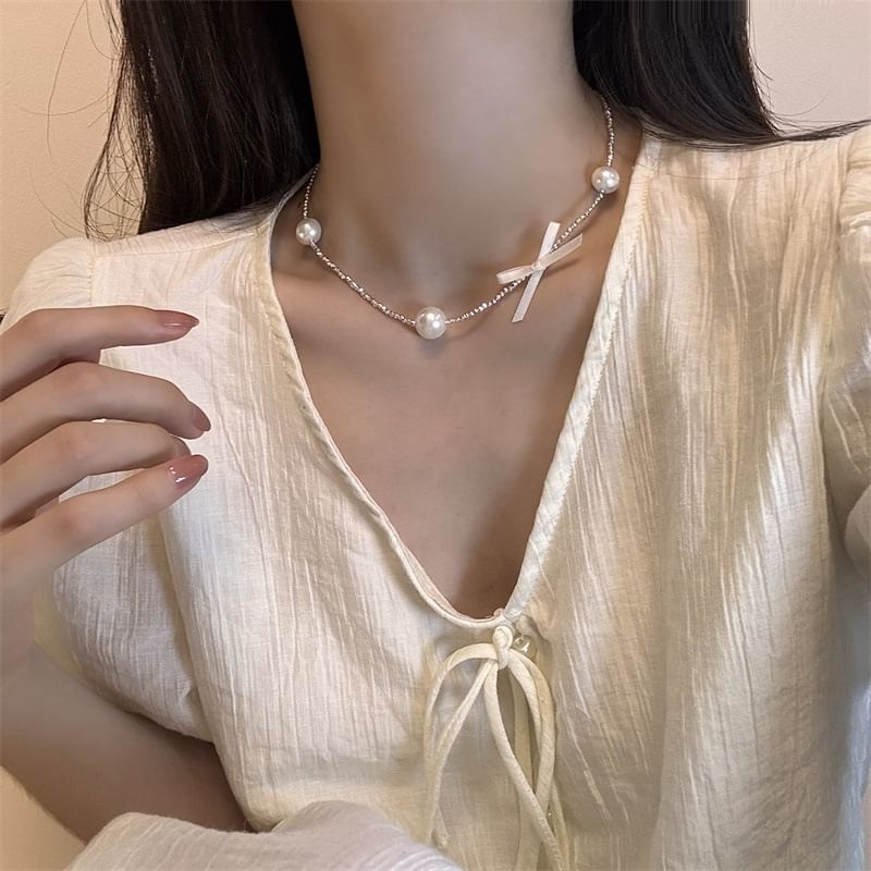 Choker Pearl Ribbon Alloy Faux