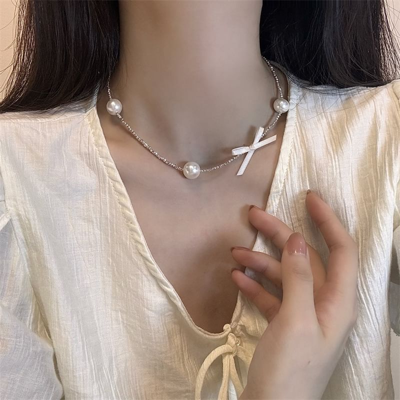 Choker Pearl Ribbon Alloy Faux