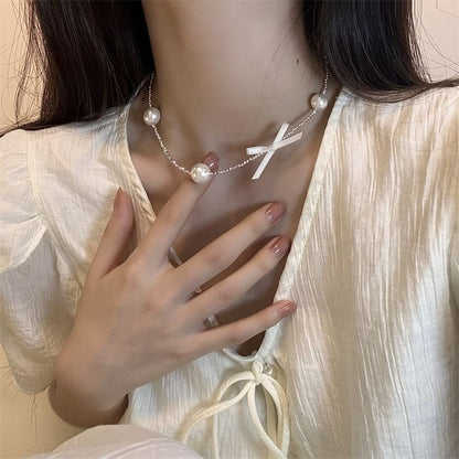 Choker Pearl Ribbon Alloy Faux