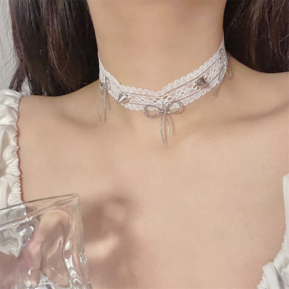 Lace Spike White Choker Rivets Necklace And With Bow