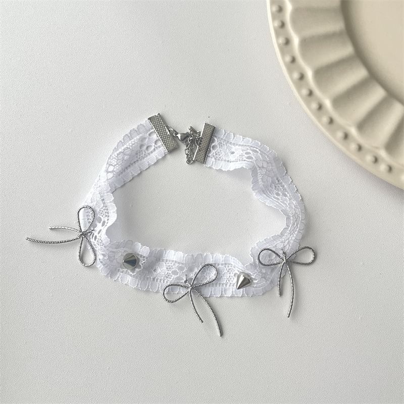 Lace Spike White Choker Rivets Necklace And With Bow
