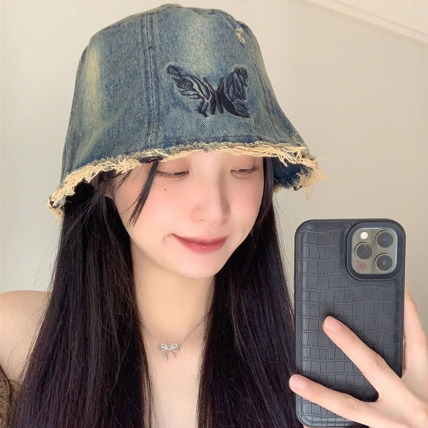 With Bucket Butterfly Embroidery Brim Distressed Hat