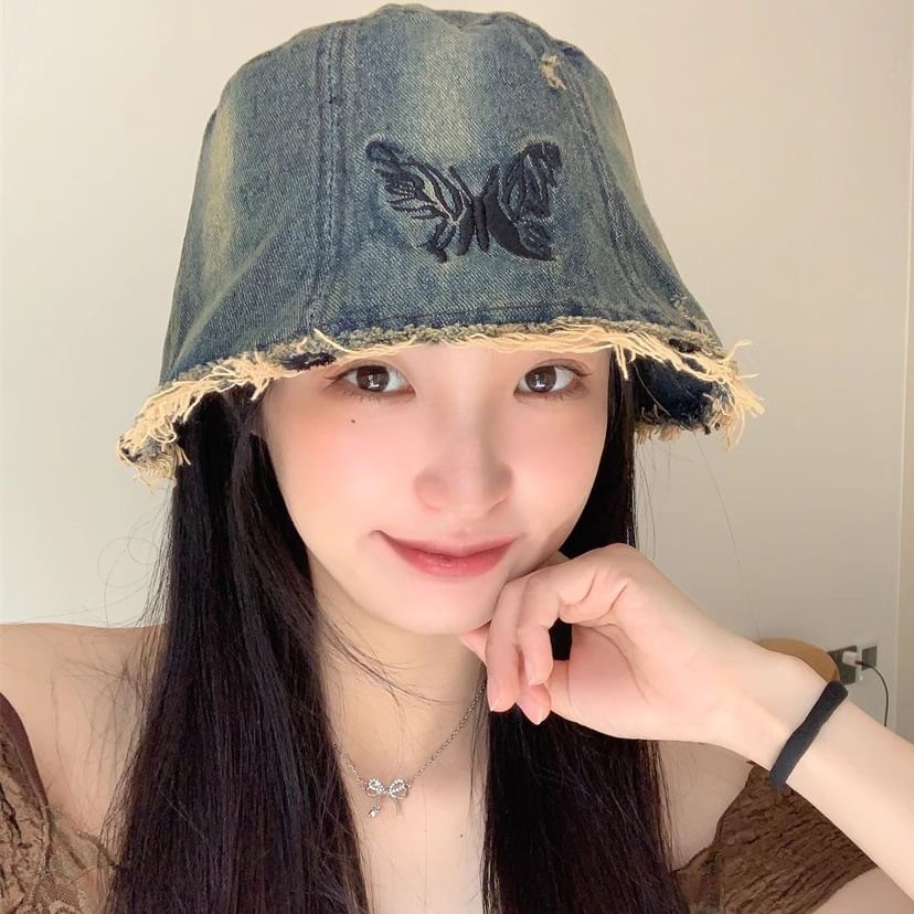 With Bucket Butterfly Embroidery Brim Distressed Hat