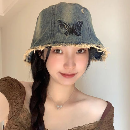 With Bucket Butterfly Embroidery Brim Distressed Hat