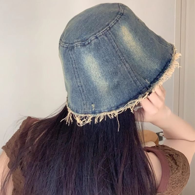 With Bucket Butterfly Embroidery Brim Distressed Hat