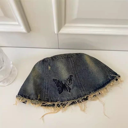 With Bucket Butterfly Embroidery Brim Distressed Hat
