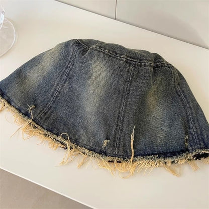 With Bucket Butterfly Embroidery Brim Distressed Hat