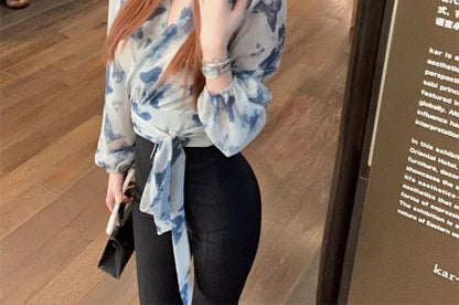 Long-Sleeve V-Neck Tie Dye Crop Top