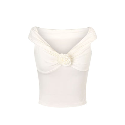 Short-Sleeve Off-Shoulder Plain Floral Accent Ruched Slim Fit Crop Top
