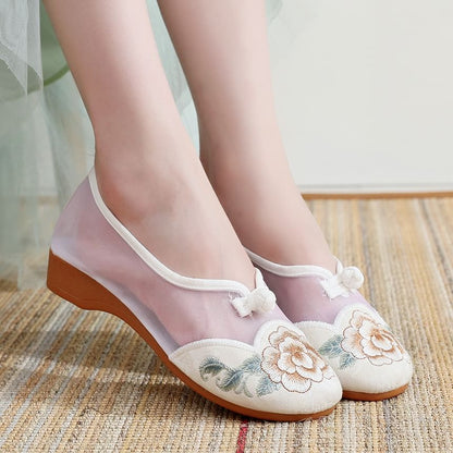 Heel Wedge Embroidered Mesh Slip-Ons