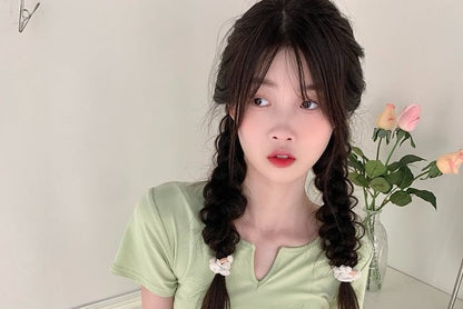Plain Waist Drawstring Neck Notch Short-Sleeve Tee