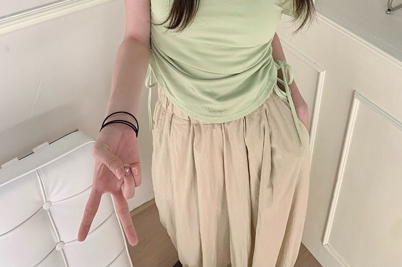 Plain Waist Drawstring Neck Notch Short-Sleeve Tee