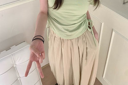 Plain Waist Drawstring Neck Notch Short-Sleeve Tee