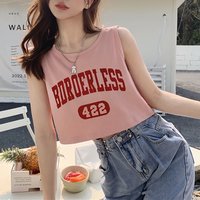 Top Crew Neck Numbering Lettering Tank Print Crop