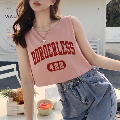 Top Crew Neck Numbering Lettering Tank Print Crop