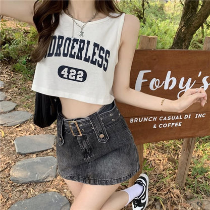 Top Crew Neck Numbering Lettering Tank Print Crop