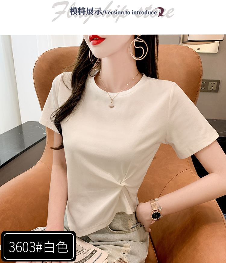 Asymmetrical Short-Sleeve Plain Neck T-Shirt Ruched Crew
