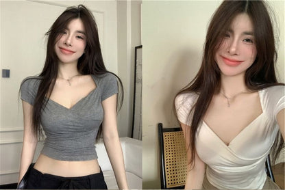 Plain Wrap V-Neck T-Shirt Short-Sleeve