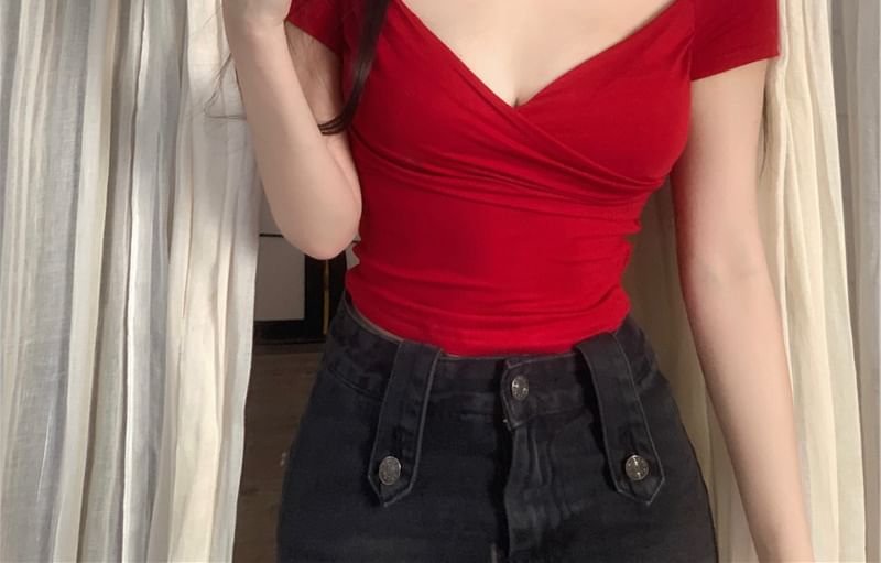Plain Wrap V-Neck T-Shirt Short-Sleeve