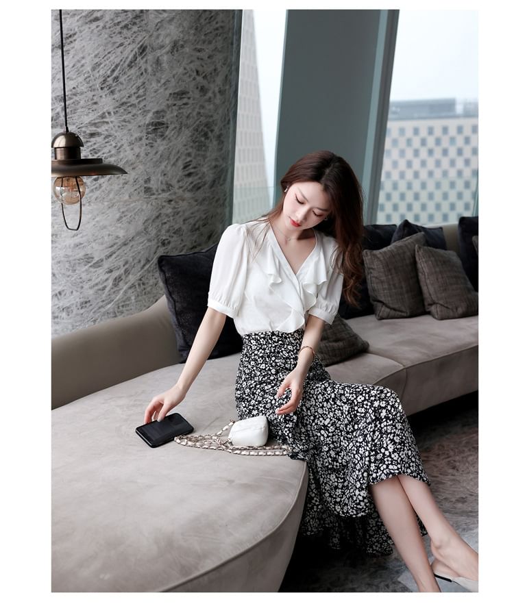 A-Line Print Midi Waist Elastic Floral Skirt